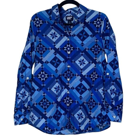Lands End Blue Quilt Print Long Sleeve Button Down Shirt Size S - Picture 1 of 11